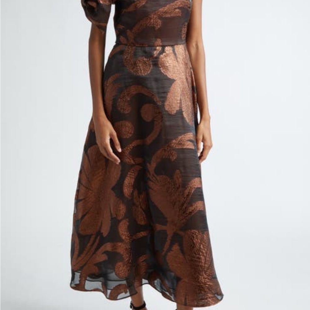 Lela Rose Metallic Jacquard Asymmetrical Dress in Brown